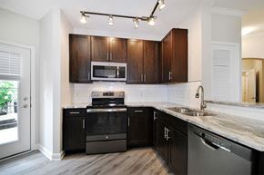 Ada apartment for rent - a kitchen with black cabinets and stainless steel appliances