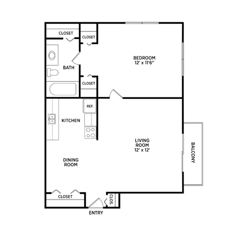Floor plan for 1 bed, 1 bath, 500 sqft