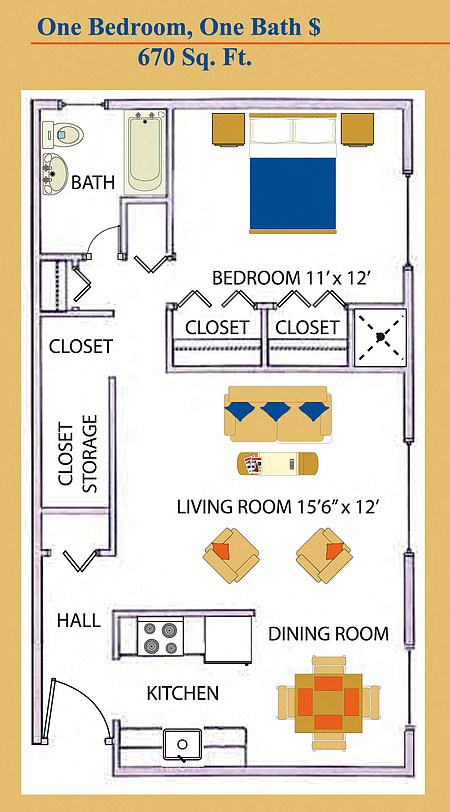 Floor plan for 1 bed, 1 bath, 672 sqft