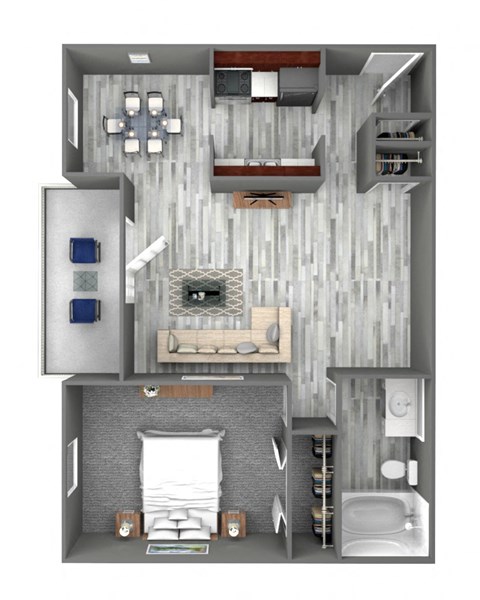 Floor plan for 1 bed, 1 bath, 750 sqft