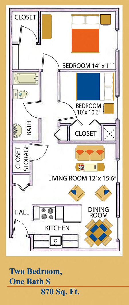 Floor plan for 2 beds, 1 bath, 872 sqft