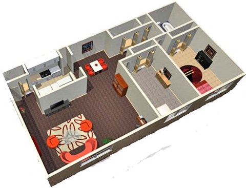 Floor plan for 2 beds, 1 bath, 950 sqft