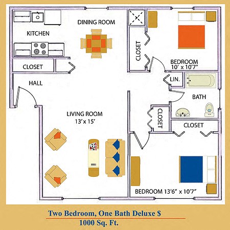 Floor plan for 2 beds, 1 bath, 1000 sqft