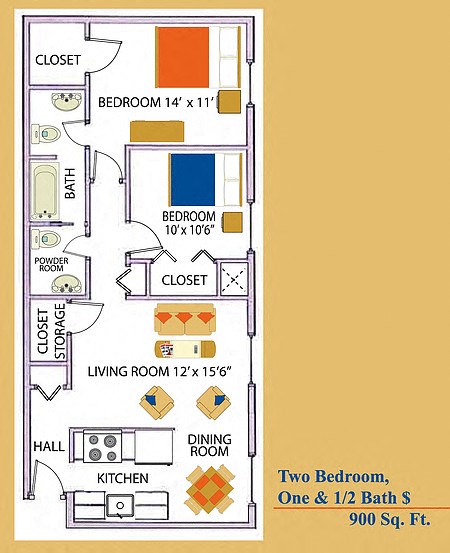 Floor plan for 2 beds, 1.5 baths, 900 sqft