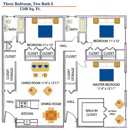 Floor plan for 3 beds, 2 baths, 1344 sqft