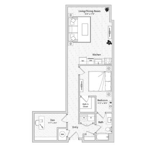 Floor plan for 1 bed, 1 bath, 1021 sqft