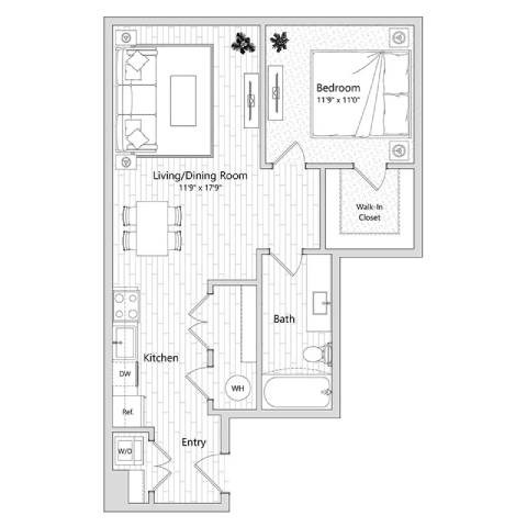 Floor plan for 1 bed, 1 bath, 724 sqft