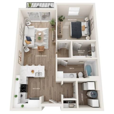 Floor plan for 1 bed, 1 bath, 746 sqft