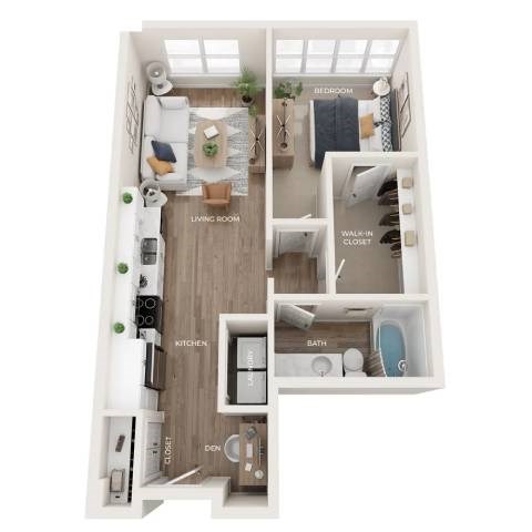 Floor plan for 1 bed, 1 bath, 776 sqft