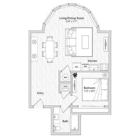 Floor plan for 1 bed, 1 bath, 819 sqft