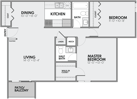 Floor plan for 2 beds, 1.5 baths, 1000 sqft