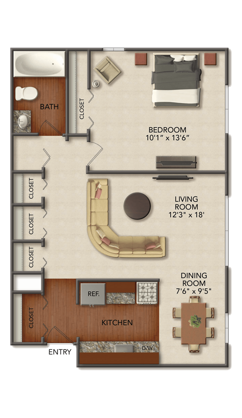 Floor plan for 1 bed, 1 bath, 836 sqft
