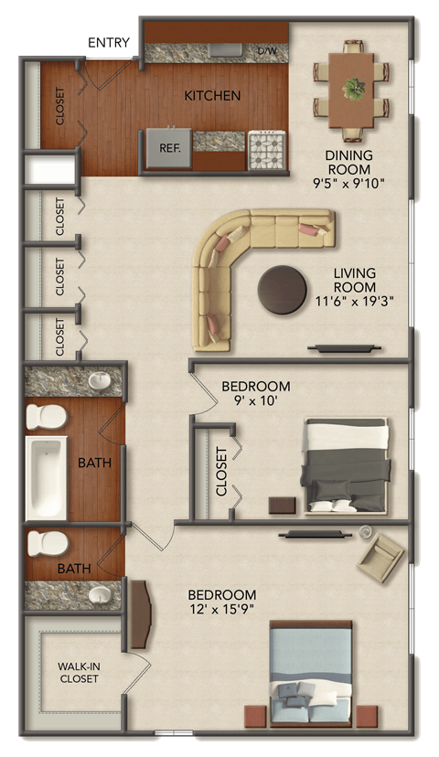 Floor plan for 2 beds, 1.5 baths, 1039 sqft