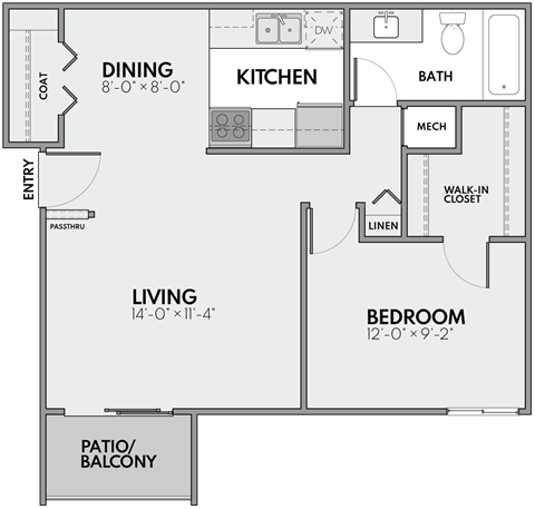 Floor plan for 1 bed, 1 bath, 750 sqft