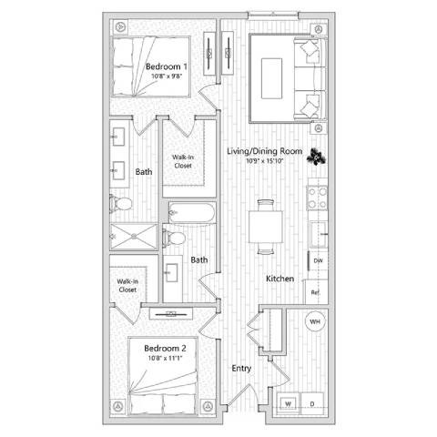 Floor plan for 2 beds, 2 baths, 997 sqft