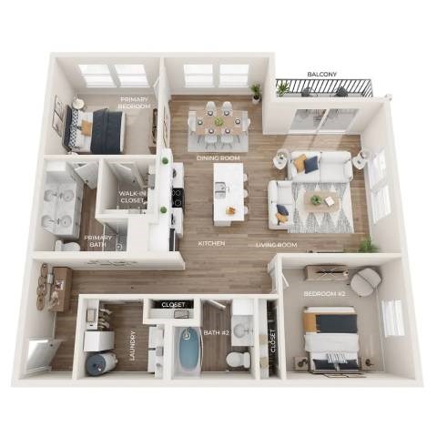 Floor plan for 2 beds, 2 baths, 1293 sqft
