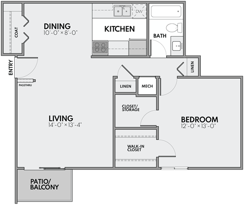 Floor plan for 1 bed, 1 bath, 825 sqft