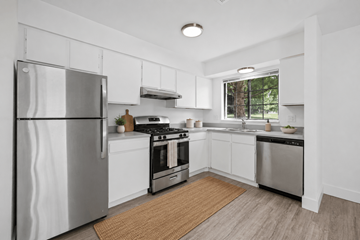 Grand Rapids apartment for rent - A modern kitchen with stainless steel appliances and white cabinets.