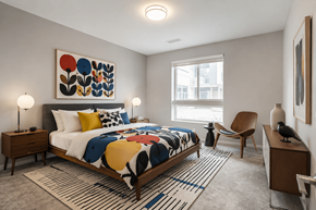 White Lake apartment for rent - A bedroom with a large bed and a colorful abstract painting above it.
