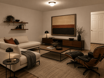 Saginaw townhouse for rent - A living room with a white couch, a black chair, and a painting on the wall.