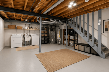 Oak Park townhouse for rent - A room with a staircase and a washer and dryer.