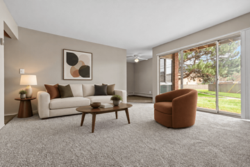 Roseville townhouse for rent - A living room with a white couch, a brown chair, and a painting on the wall.