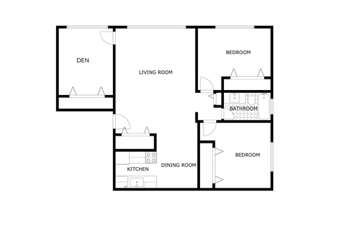 Floor plan for 2 beds, 1 bath, 975 sqft