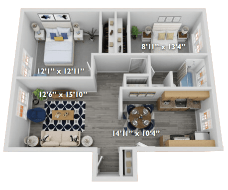 Floor plan for 2 beds, 1 bath, 775 sqft