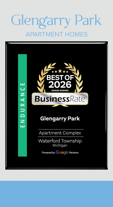 Waterford apartment for rent - A poster advertising Glengarry Park Apartment Homes, which has won the BusinessRate Best of 2026 award.