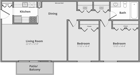 Floor plan for 2 beds, 1 bath, 1000 sqft