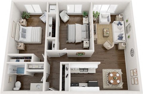 Floor plan for 2 beds, 1 bath, 908 sqft