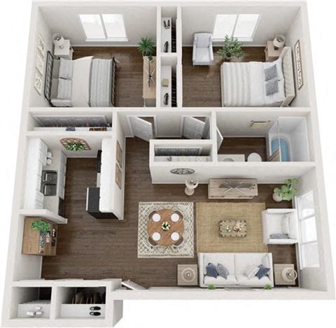 Floor plan for 2 beds, 1 bath, 908 sqft
