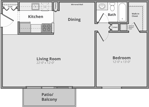 Floor plan for 1 bed, 1 bath, 800 sqft