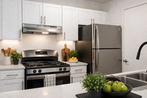 Ann Arbor apartment for rent - A modern kitchen with a black stove top and a black refrigerator.
