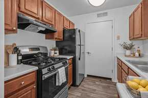 Canton apartment for rent - A kitchen with a black stove and a black refrigerator.