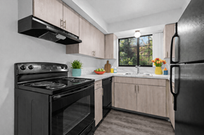 Canton townhouse for rent - A black stove and refrigerator in a kitchen with wooden cabinets.