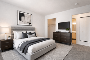 Ann Arbor apartment for rent - A modern bedroom with a large bed, a nightstand, and a TV.