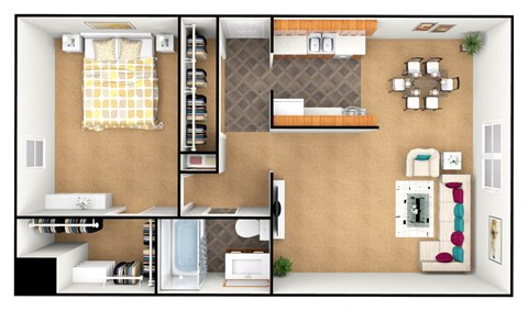Floor plan for 1 bed, 1 bath, 609 sqft