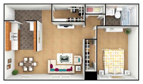 Floor plan for 1 bed, 1 bath, 647 sqft