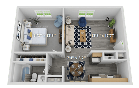 Floor plan for 1 bed, 1 bath, 630 sqft