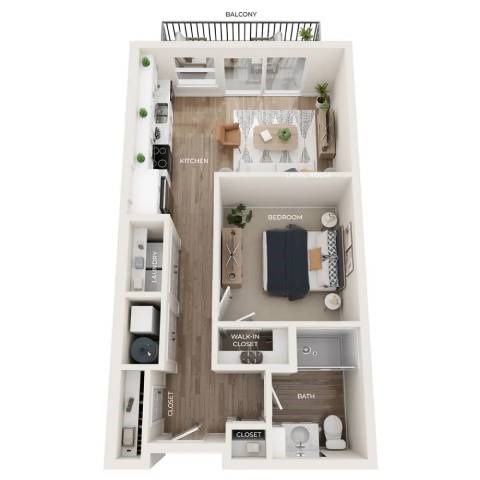 Floor plan for studio, 1 bath, 635 sqft