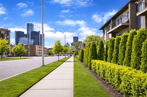 Detroit apartment for rent - A sidewalk runs down the middle of a grassy area.
