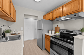 Troy apartment for rent - A kitchen with a stove, sink, and refrigerator.