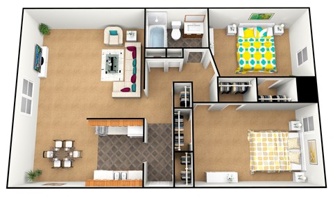 Floor plan for 2 beds, 1 bath, 833 sqft