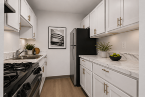 Saline apartment for rent - A modern kitchen with a black refrigerator and white cabinets.