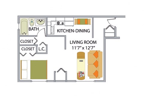 Floor plan for studio, 1 bath, 535 sqft