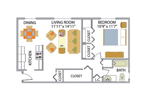 Floor plan for 1 bed, 1 bath, 667 sqft