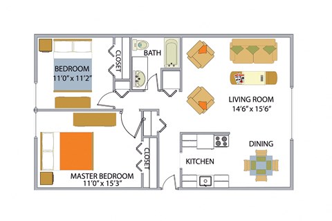 Floor plan for 2 beds, 1 bath, 864 sqft