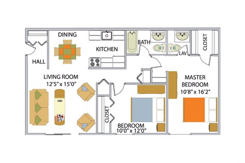 Floor plan for 2 beds, 1.5 baths, 927 sqft