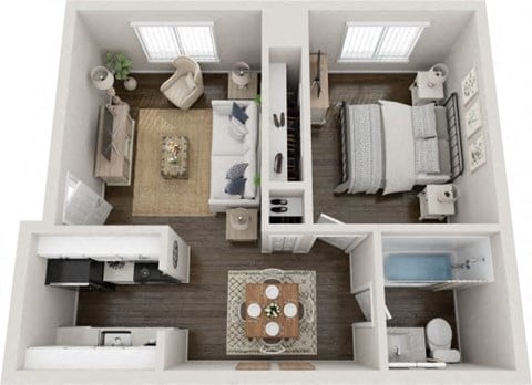 Floor plan for 1 bed, 1 bath, 606 sqft